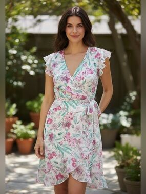 A.n.d. Sz XXL Floral Wrap Dress Lined Lightweight Hi-Low Hem Floral Design | EUC